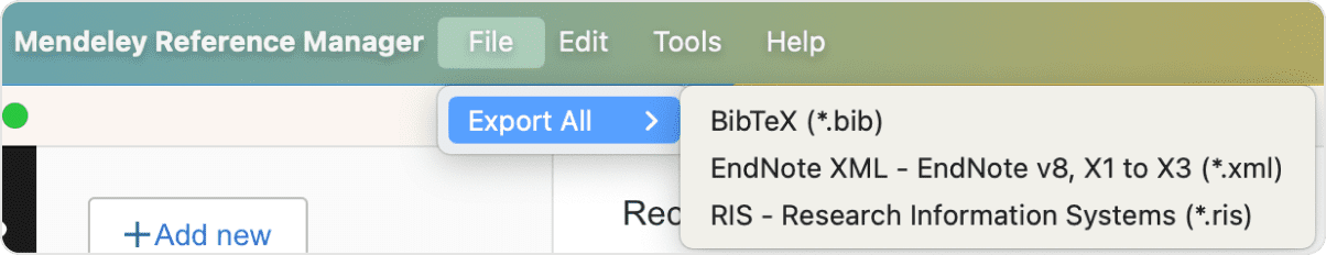 Mendeley's export options